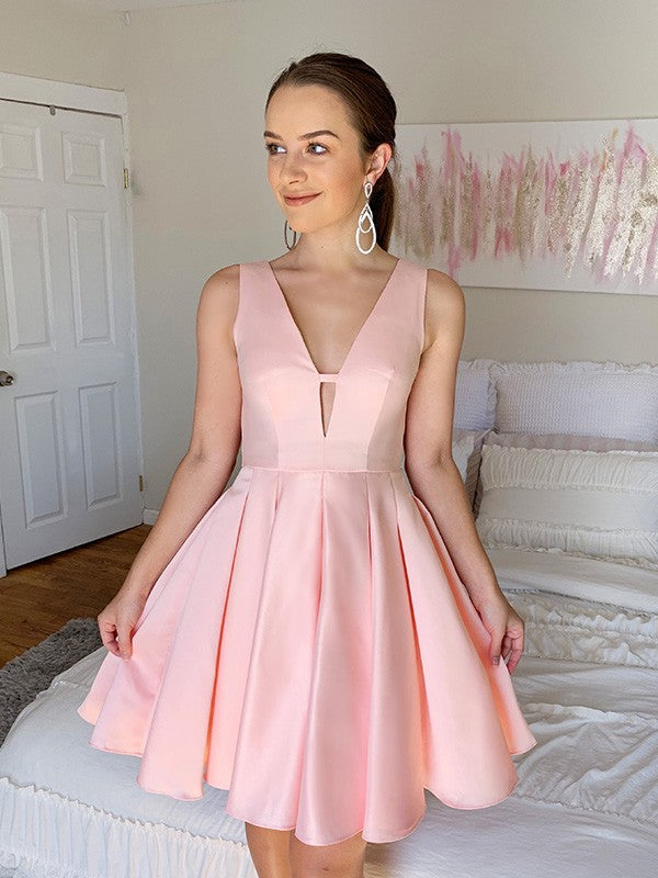 A-line Sweet Princess V-neck Sleeveless Ruffle Edge Satin Back to School Ball Dress