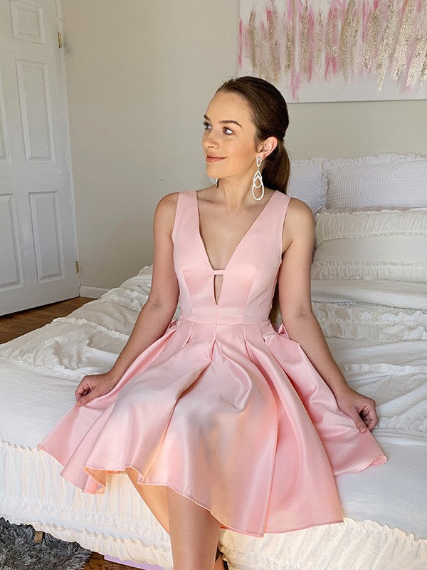 A-line Sweet Princess V-neck Sleeveless Ruffle Edge Satin Back to School Ball Dress