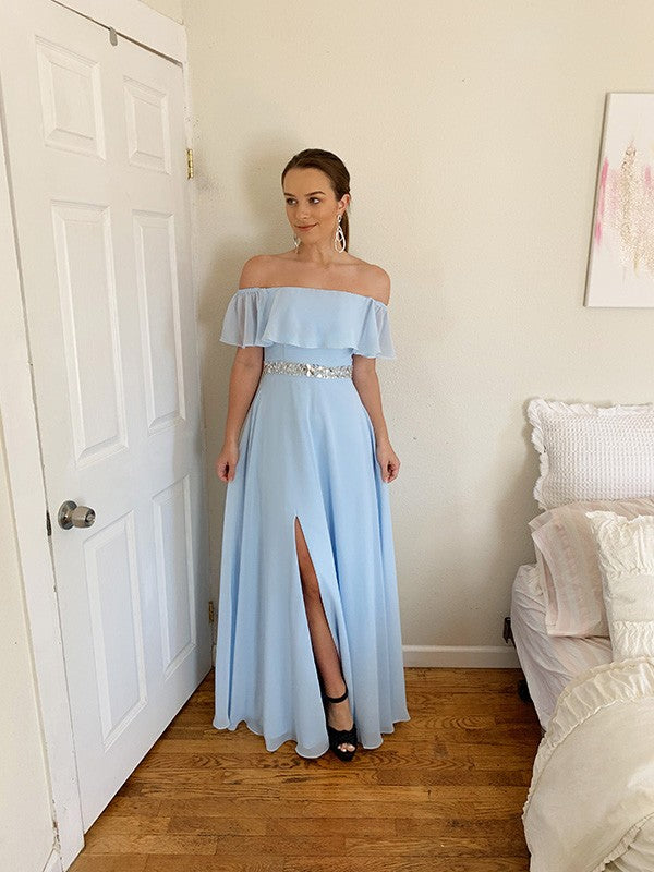 A-line Princess Sexy Off Shoulder Beaded Chiffon Floor Sleeveless Dress