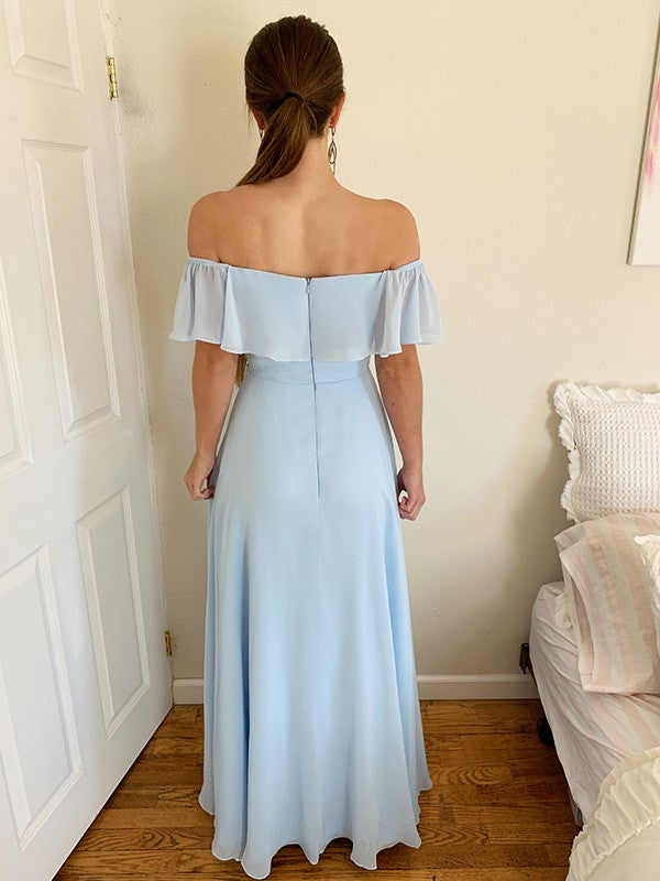 A-line Princess Sexy Off Shoulder Beaded Chiffon Floor Sleeveless Dress