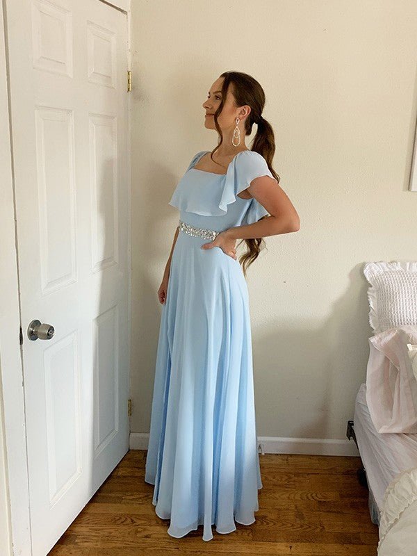 A-line Princess Sexy Off Shoulder Beaded Chiffon Floor Sleeveless Dress