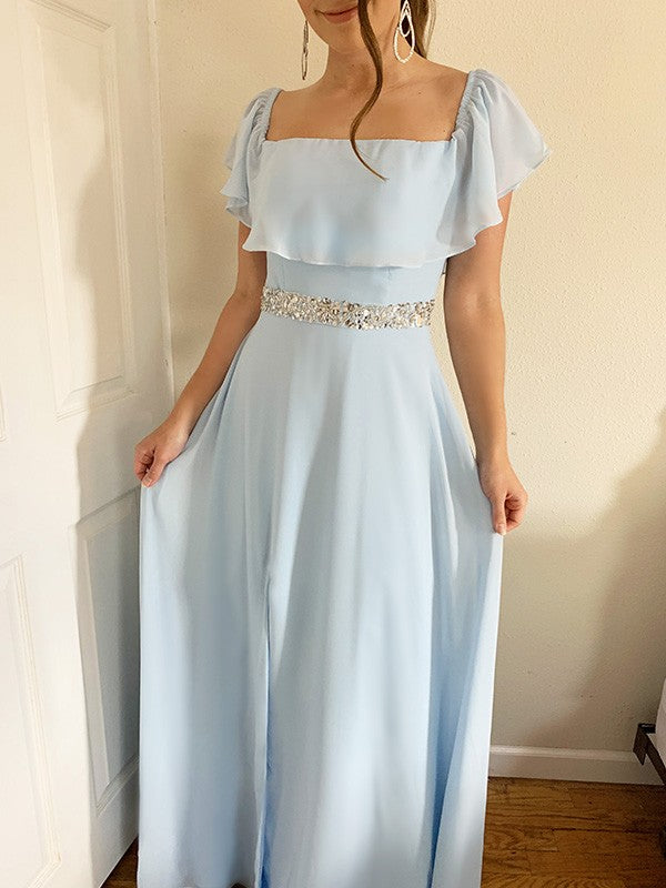 A-line Princess Sexy Off Shoulder Beaded Chiffon Floor Sleeveless Dress