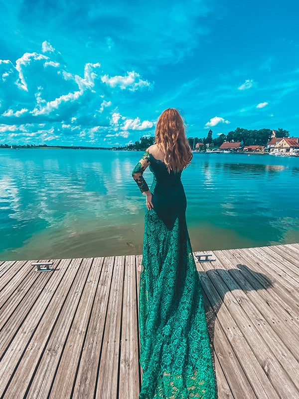 Loudspeaked mermaid lace ruffled long sleeved sexy off the shoulder dress