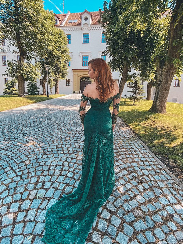 Loudspeaked mermaid lace ruffled long sleeved sexy off the shoulder dress