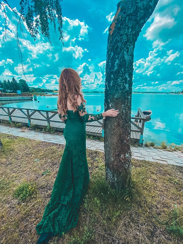 Loudspeaked mermaid lace ruffled long sleeved sexy off the shoulder dress
