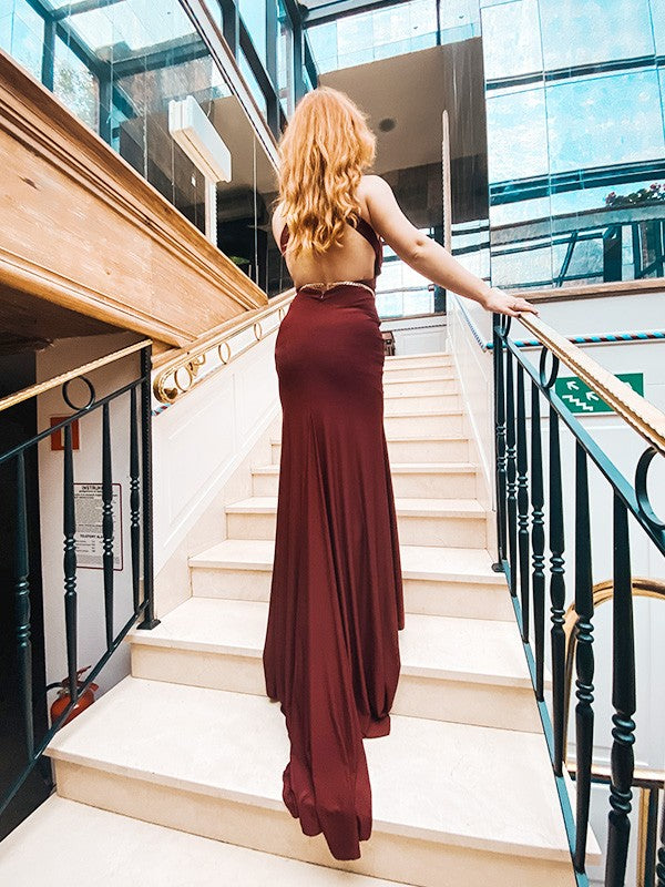 Noble Mermaid V-neck Sleeveless Ruffle Edge Palace Dress with Spandex