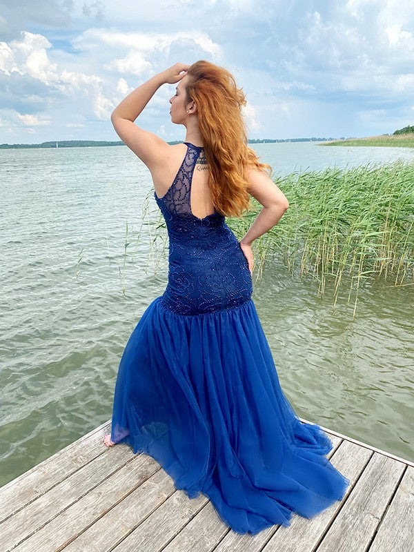 Elegant Mermaid Jewelry Tulle Beaded Sleeveless Floor Dress