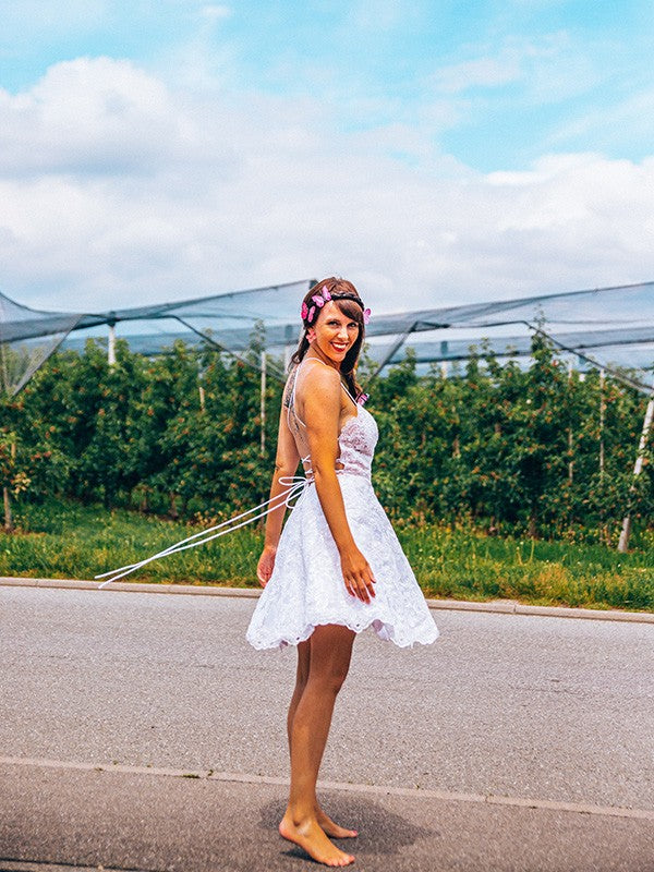 A-line Sweet Princess Lace Applique Italian Noodle Strap Sleeveless Back to School Ball Dress