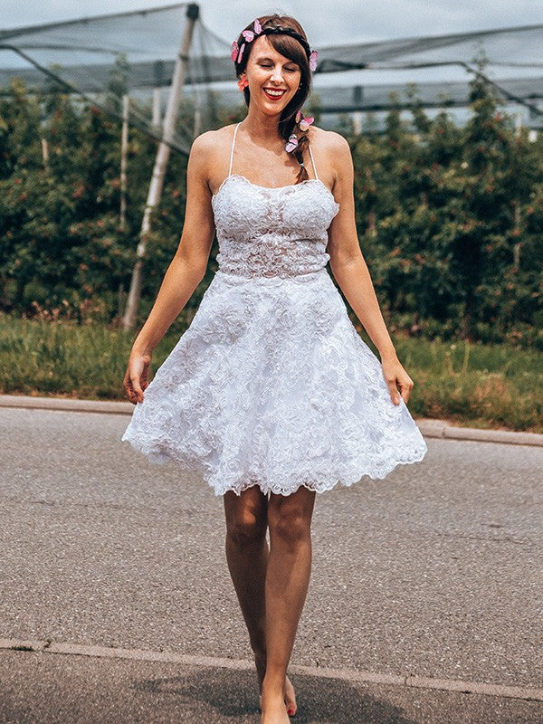 A-line Sweet Princess Lace Applique Italian Noodle Strap Sleeveless Back to School Ball Dress