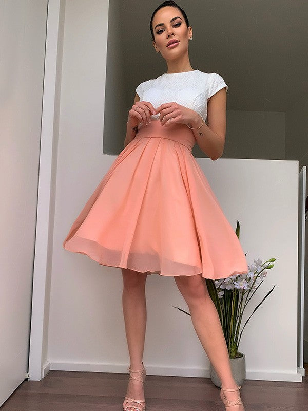 A-line Sweet Princess Jewelry Sleeveless Lace Mini Chiffon Back to School Ball Dress
