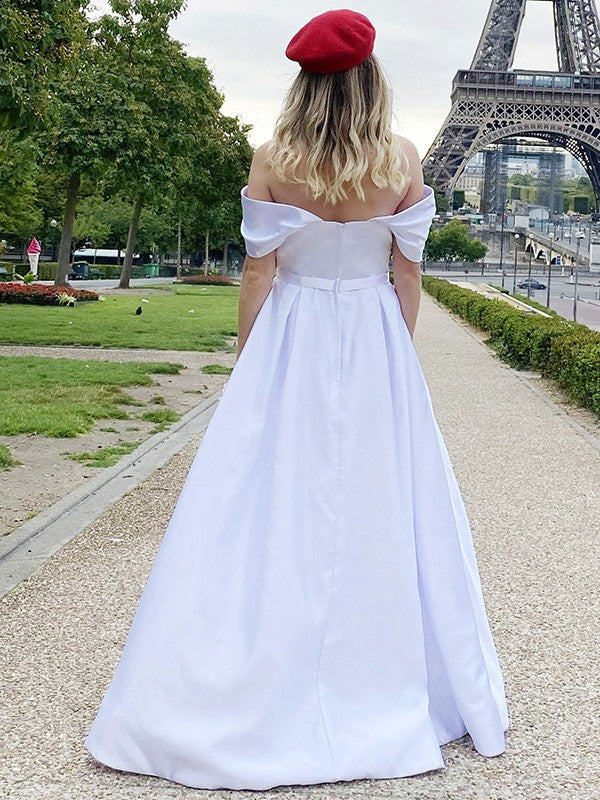A-line Sweet Princess Strap Sexy Off Shoulder Satin Sleeveless Dress