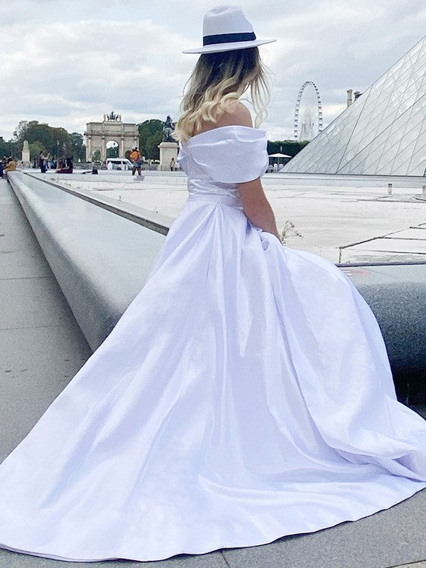 A-line Sweet Princess Strap Sexy Off Shoulder Satin Sleeveless Dress