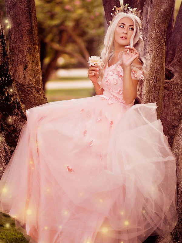 A-line Princess Sexy Off Shoulder Sticker Tulle Sleeveless Floor Dress