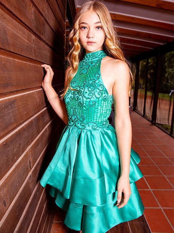 Sweet Princess Satin Sleeveless Beaded Short Back to School Ball Dress