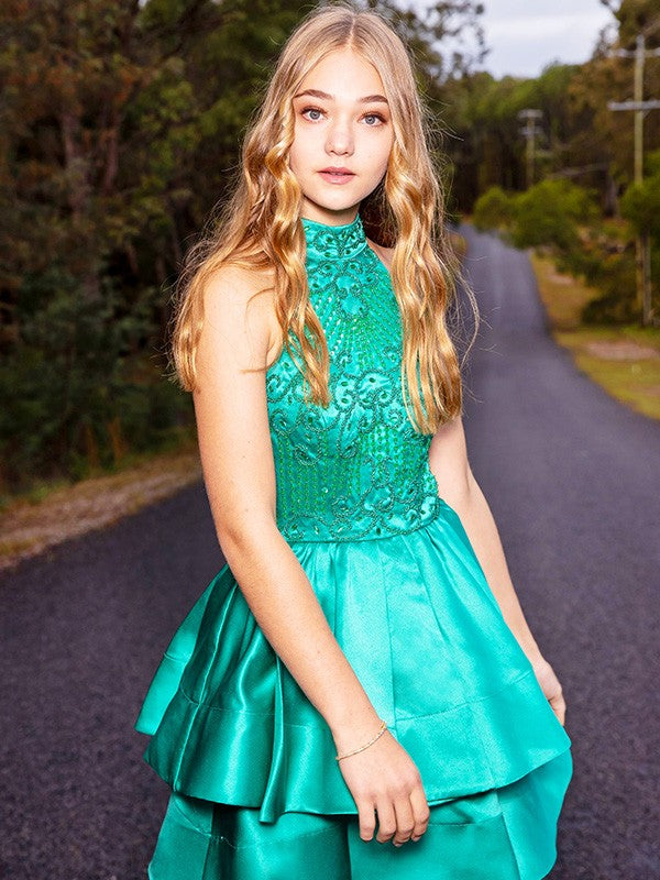 Sweet Princess Satin Sleeveless Beaded Short Back to School Ball Dress