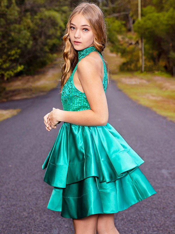 Sweet Princess Satin Sleeveless Beaded Short Back to School Ball Dress