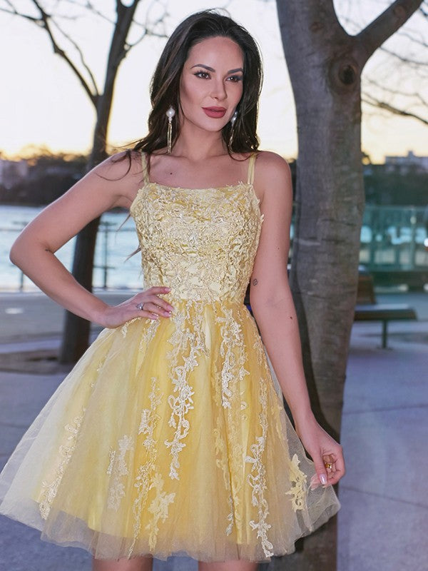 A-line Princess Tulle Fine Shoulder Strap Applique Sleeveless Short Mini Party Homecoming Dress