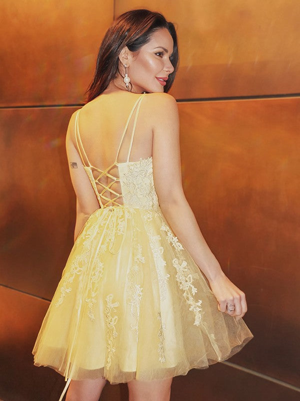 A-line Princess Tulle Fine Shoulder Strap Applique Sleeveless Short Mini Party Homecoming Dress