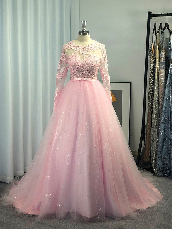 Ball Gown Long sleeved sheer lace jewelry brush dress