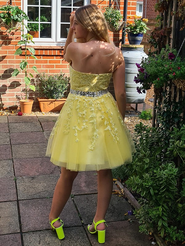 A-line Sleeveless Tulle Applique Mini Party Back to School Prom Dress