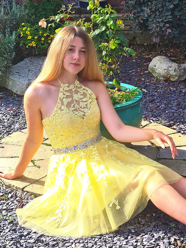 A-line Sleeveless Tulle Applique Mini Party Back to School Prom Dress
