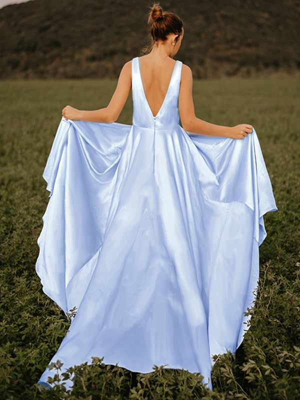 A-line Sweet Princess Ruffle Edge V-neck Sleeveless Satin Evening Dress