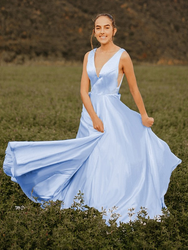 A-line Sweet Princess Ruffle Edge V-neck Sleeveless Satin Evening Dress