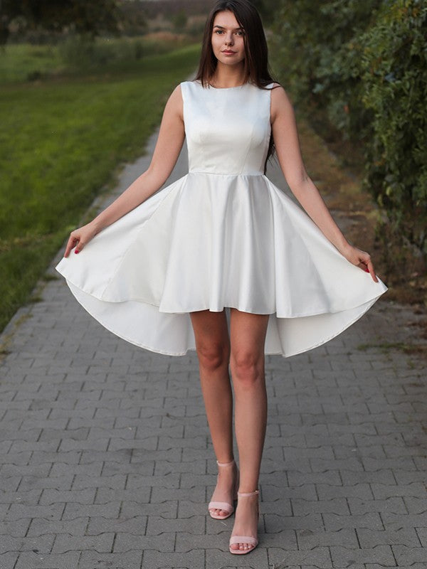 A-line satin ruffled jewelry sleeveless short mini back to school dress