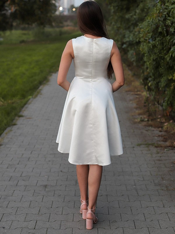 A-line satin ruffled jewelry sleeveless short mini back to school dress