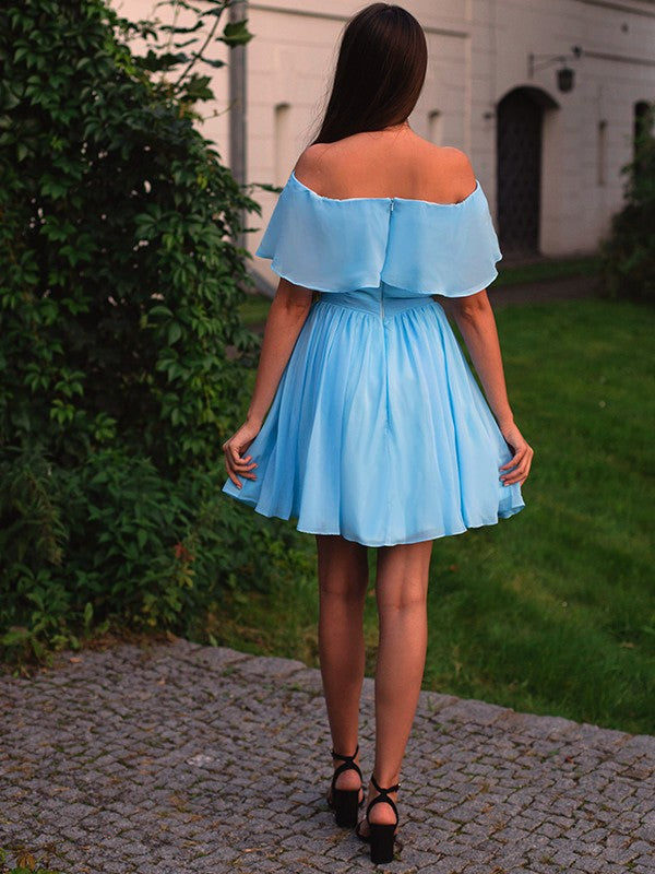A-line Sweet Princess Sleeveless Chiffon Off Shoulder Ruffle Edge Back to School Ball Dress