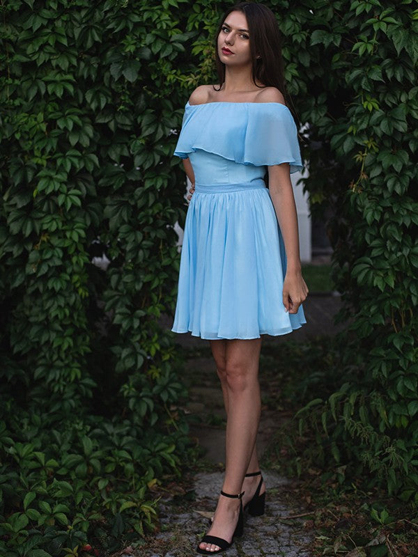 A-line Sweet Princess Sleeveless Chiffon Off Shoulder Ruffle Edge Back to School Ball Dress