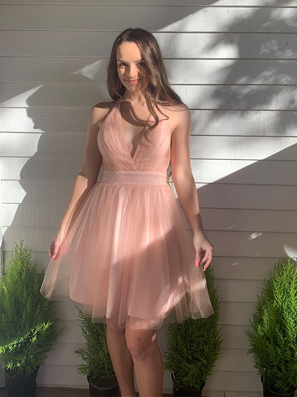 A-line Princess sheer neck hanging sleeveless ruffled mini Homecoming Dress