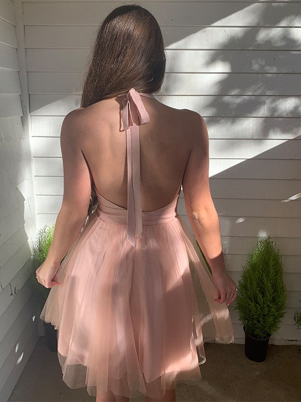 A-line Princess sheer neck hanging sleeveless ruffled mini Homecoming Dress