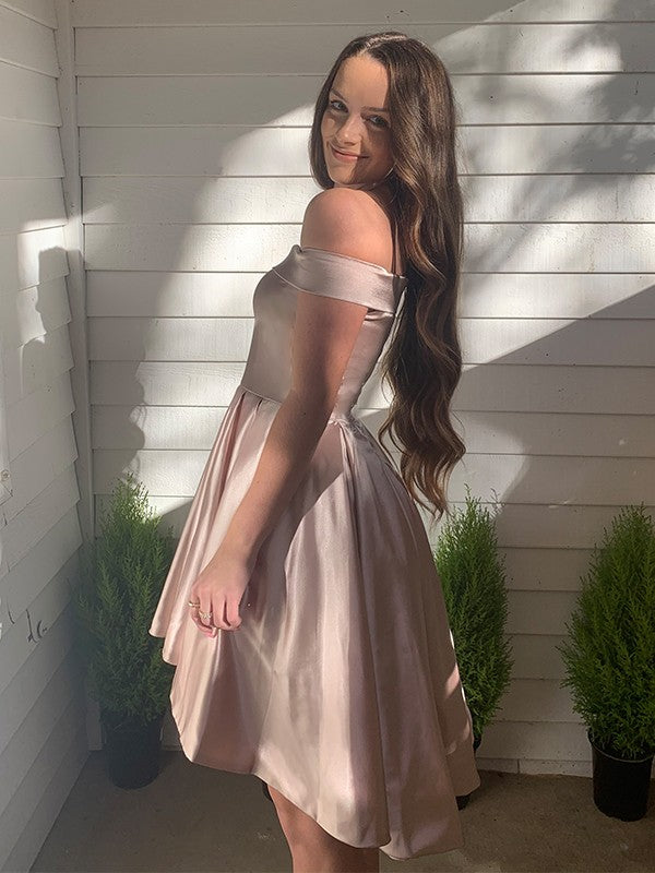 A-line Princess Off Shoulder Satin Sleeveless Ruffle Edge Short Mini Party Dress