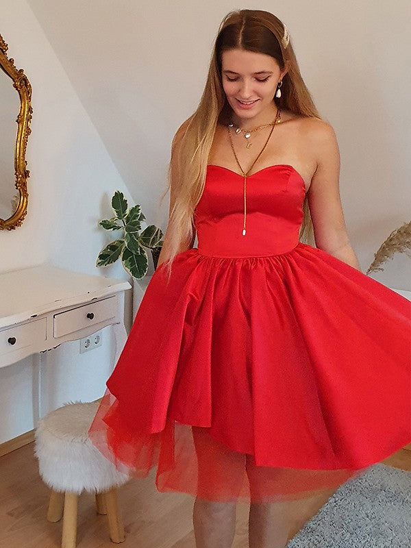 A-line Princess Satin Sleeveless Ruffle Edge Sweetheart Mini Homecoming Ball Dress
