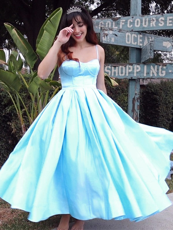 Sexy shoulder strap sleeveless satin ruffled tea long homecoming dance dress