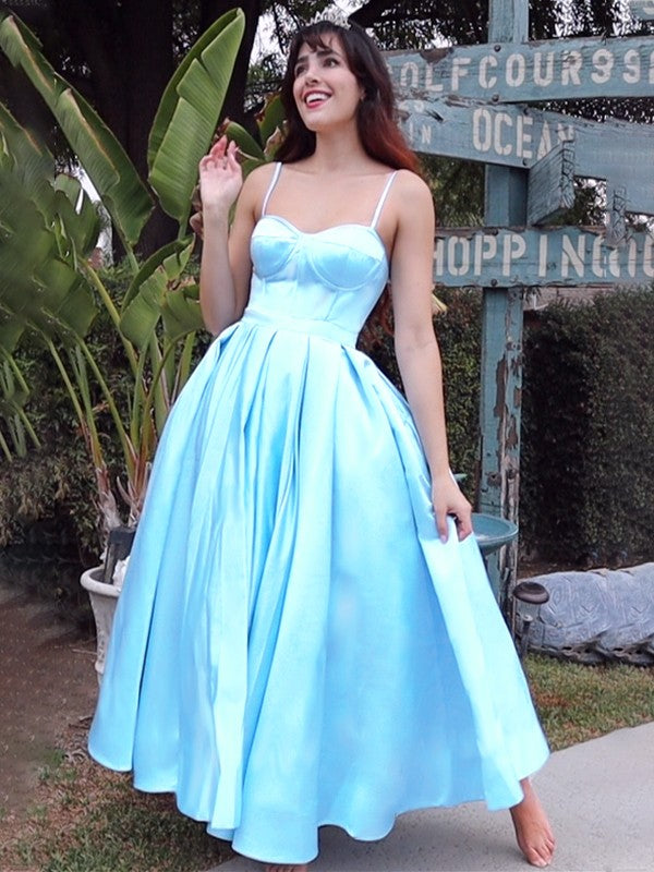 Sexy shoulder strap sleeveless satin ruffled tea long homecoming dance dress