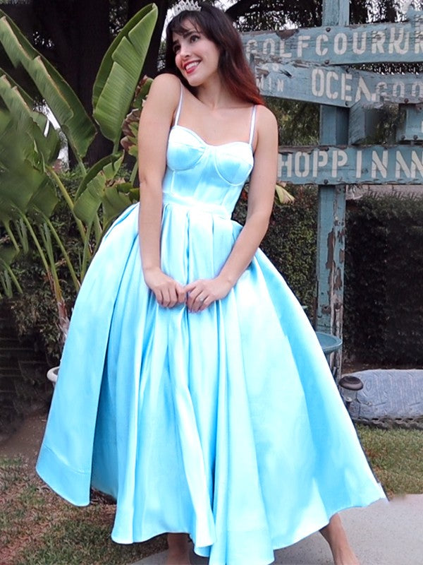Sexy shoulder strap sleeveless satin ruffled tea long homecoming dance dress