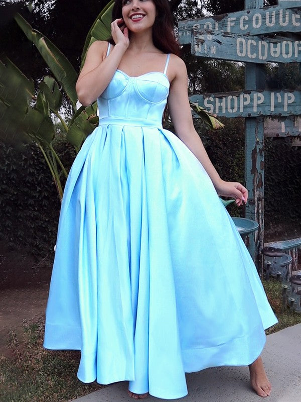 Sexy shoulder strap sleeveless satin ruffled tea long homecoming dance dress