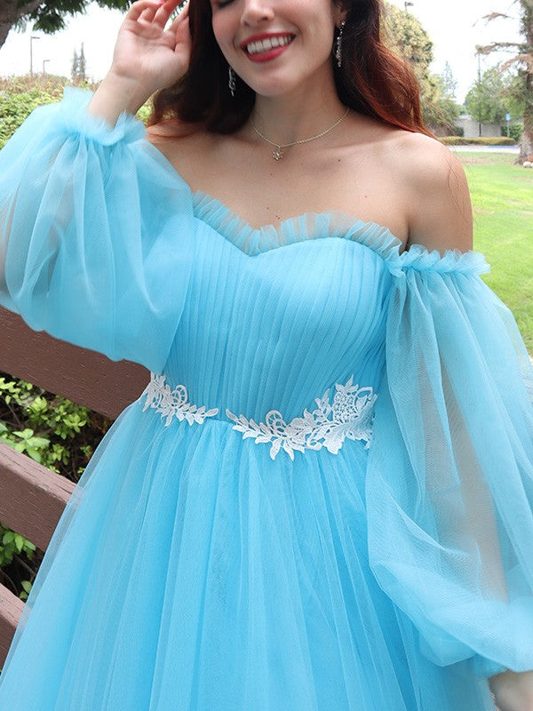 A-line skirt princess sexy off the shoulder sheer inlaid long sleeved floor dress