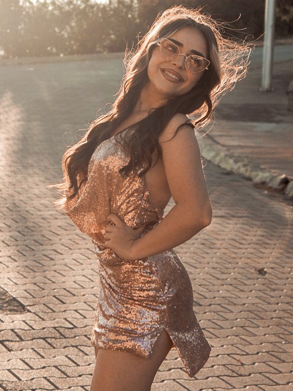 Pillar sequin Halter pleated sleeveless back to school ball dress