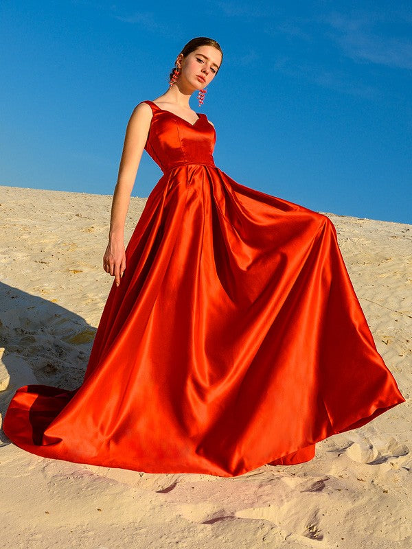 A-line Princess Sleeveless Satin V-neck Ruffle Edge Party and Wine Party Dress