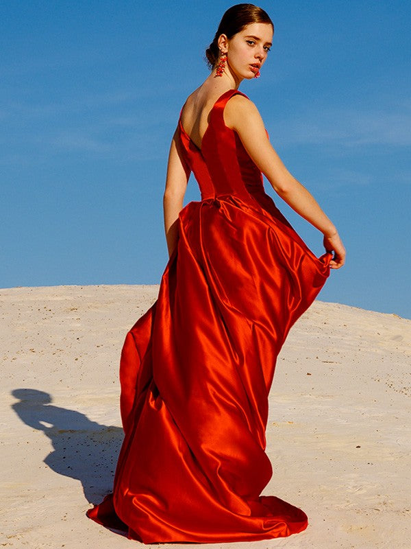A-line Princess Sleeveless Satin V-neck Ruffle Edge Party and Wine Party Dress