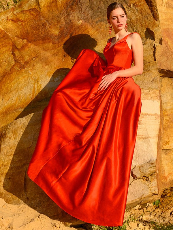 A-line Princess Sleeveless Satin V-neck Ruffle Edge Party and Wine Party Dress