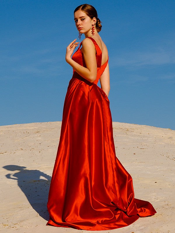A-line Princess Sleeveless Satin V-neck Ruffle Edge Party and Wine Party Dress