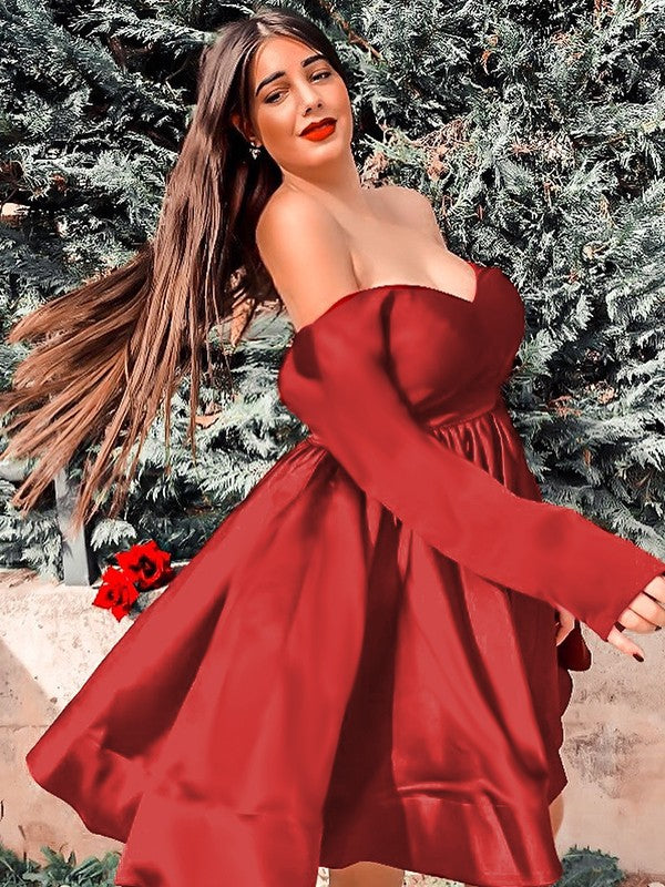 Princess satin V-neck ruffled long sleeved party mini homecoming dance dress