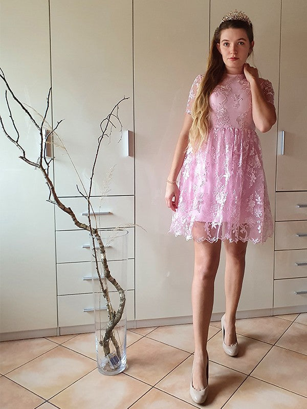 Princess Short sleeved Naked Collar Sticker Party Mini Homecoming Ball Dress