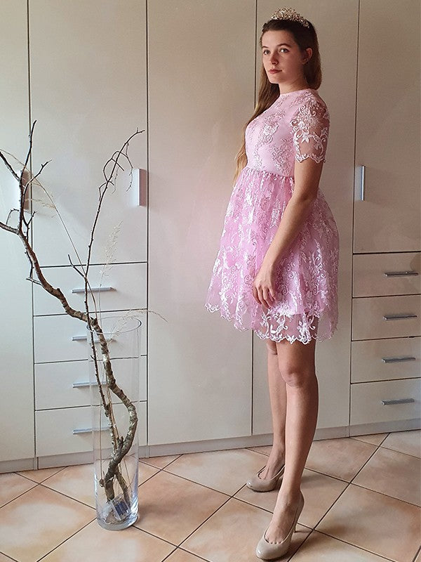 Princess Short sleeved Naked Collar Sticker Party Mini Homecoming Ball Dress