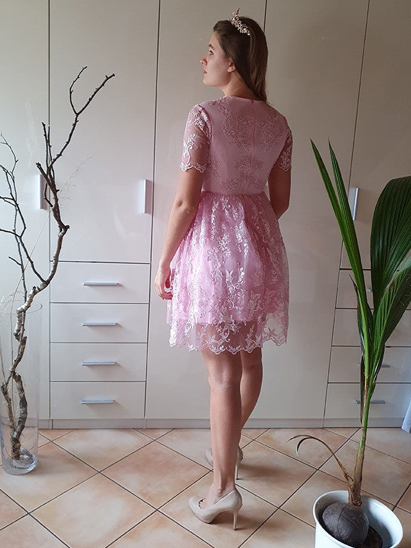 Princess Short sleeved Naked Collar Sticker Party Mini Homecoming Ball Dress