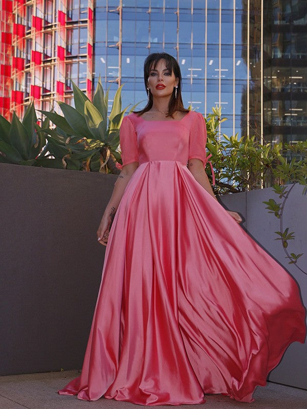 A-line Princess Square Sleeves Elastic Woven Satin Ruffle Edge Floor Mop Dress